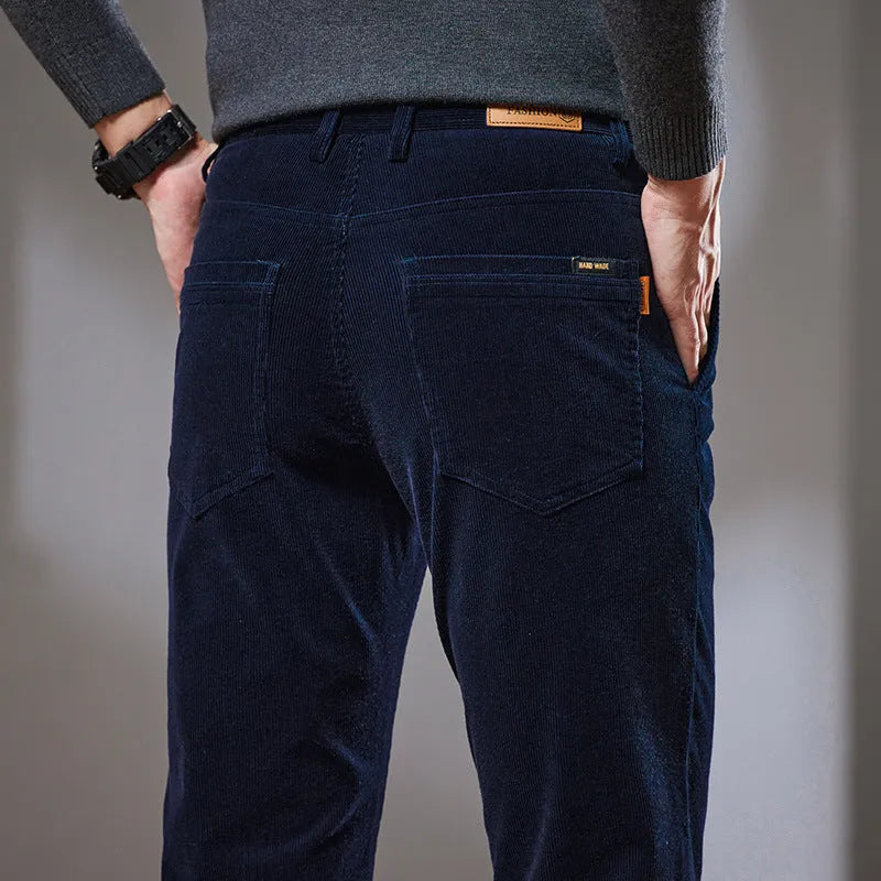 Slim fit straight corduroy trousers in cotton, mid waist, four colours, sizes 28-40