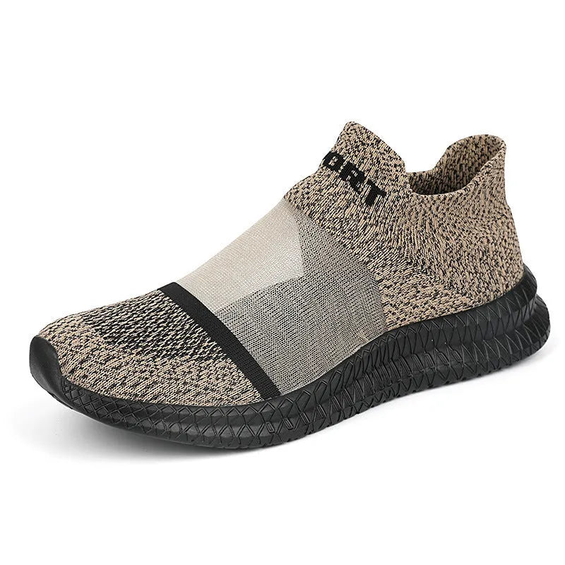 A pair of khaki Flyknit sock shoes with lace closure and a low-top design on an MD sole.