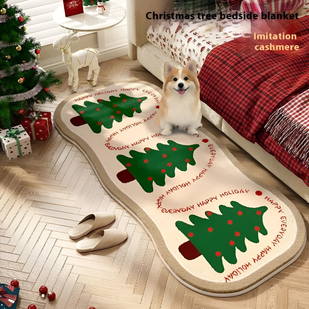 Christmas-themed imitation cashmere floor rug with festive pattern options on a wooden floor.