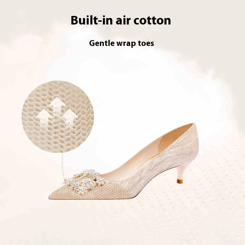 Champagne gold women's high heels with pointed toe and stiletto heel on white background
