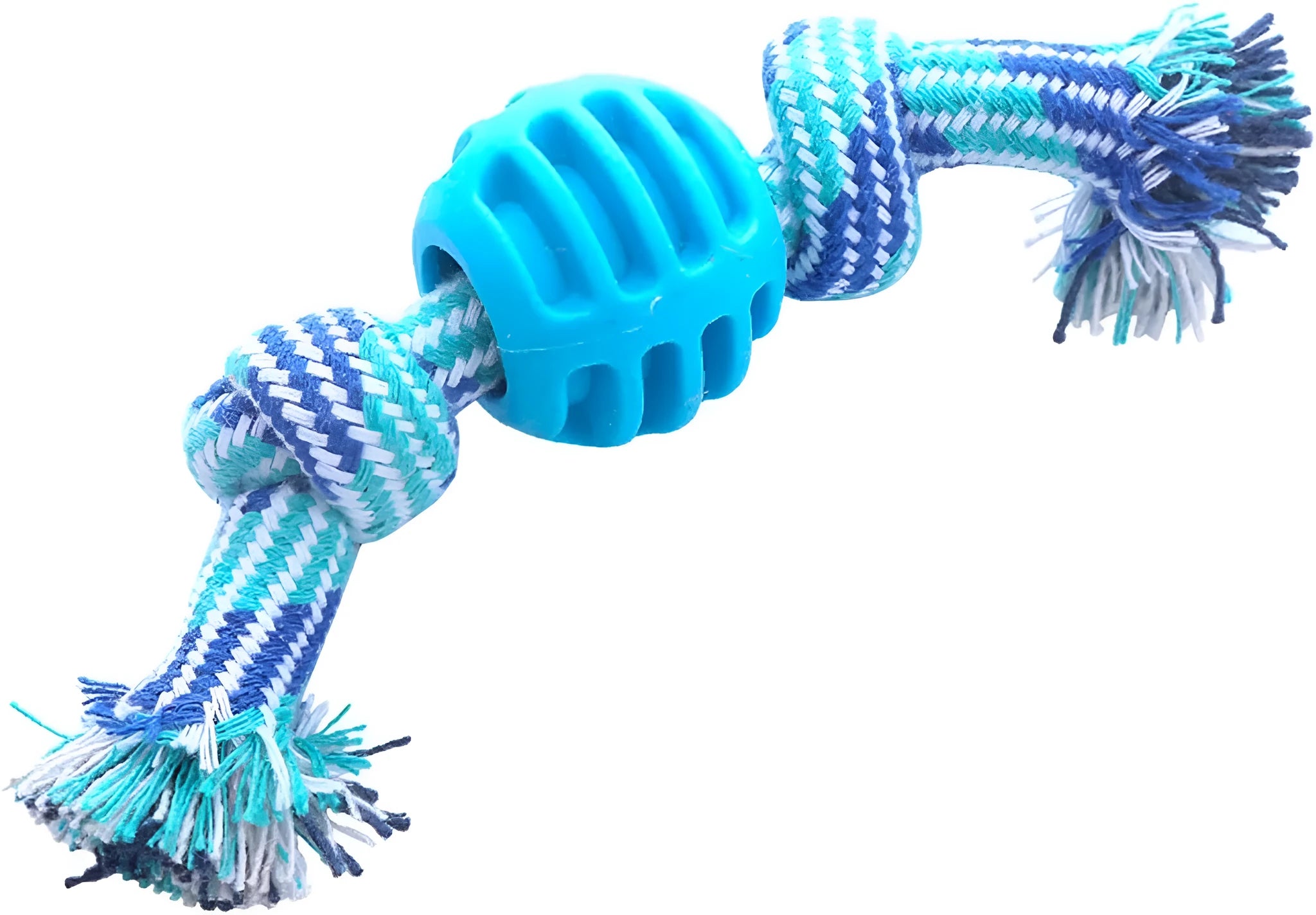 Blue molar-shaped nylon dog chew toy with green rope arms on a white background