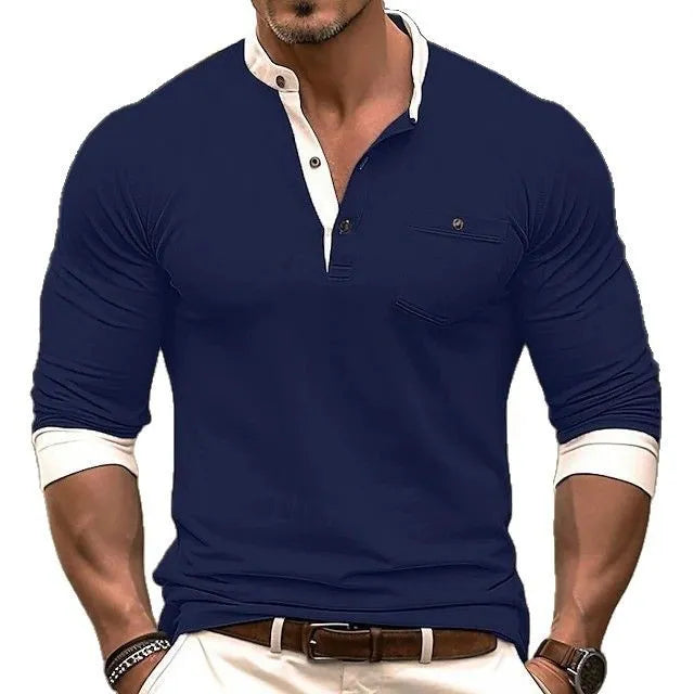 Men's long sleeve cotton t-shirt in solid colours on a size chart background.