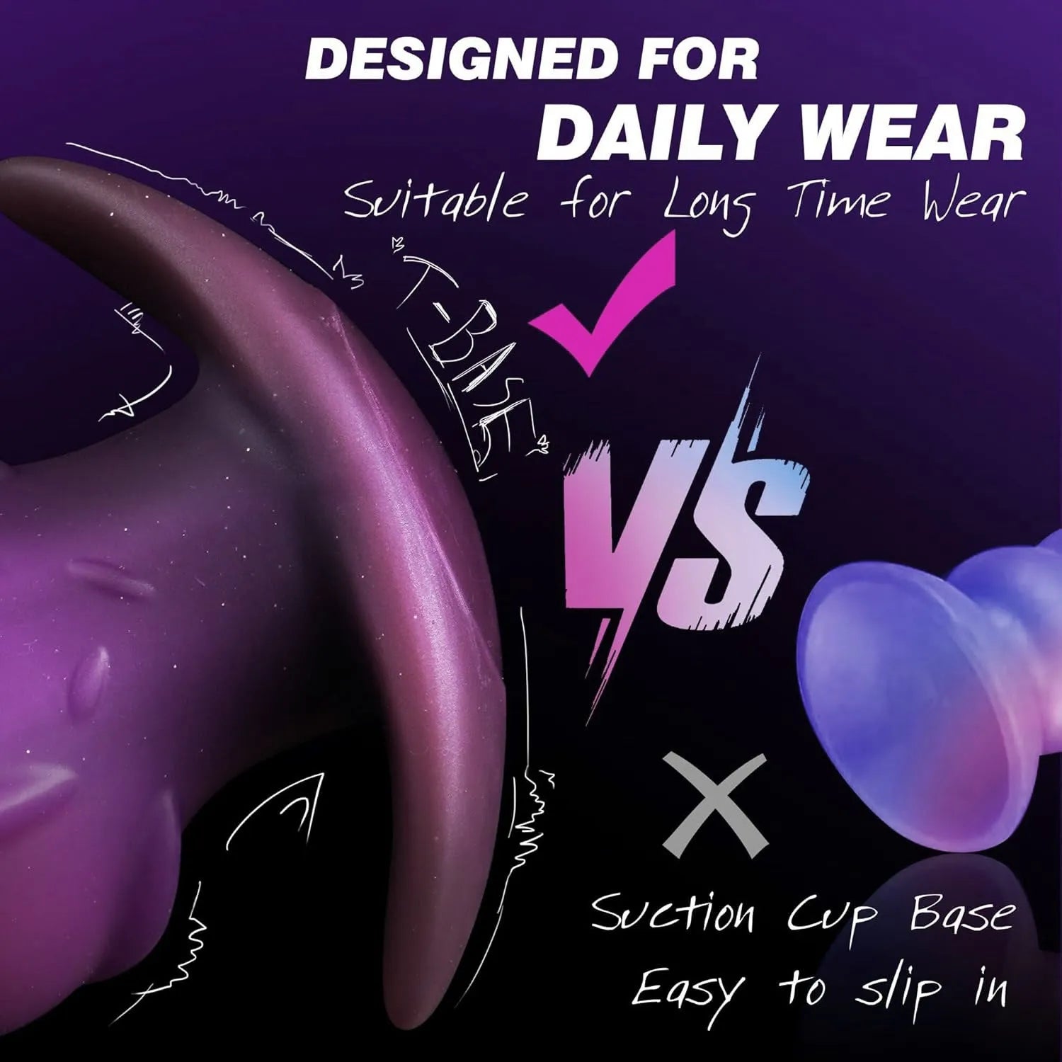 Adult unisex silicone masturbator in purple, gold, or black, available in S, M, L, XL sizes.