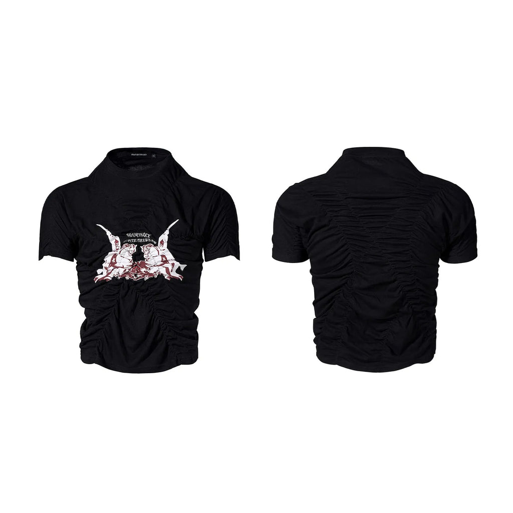 Black men's slim fit T-shirt with pleated detail and short sleeves for summer wear
