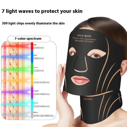 Black and gold LED facial beauty mask with headband and touch screen controls.