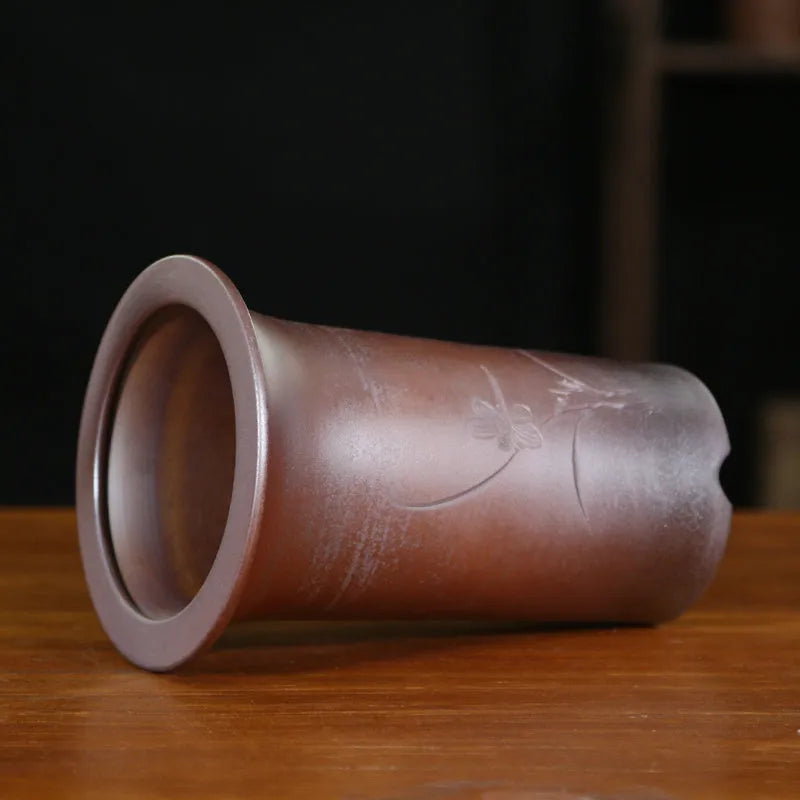 Round carved purple sand ceramic orchid pot with black firewood flat mouth for desktop or ground use