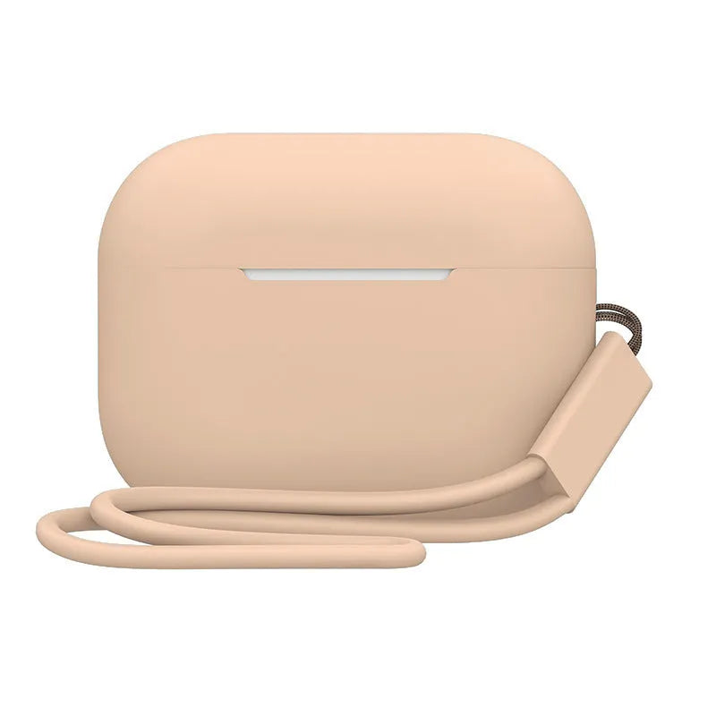 Silicone protective case cover for AirPods Pro 2 with attached lanyard, solid colour finish, 65x52x26mm