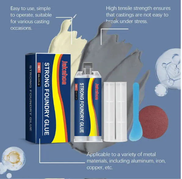 85 ml cartridge of two-part epoxy metal sealant with push rod, scraper, and sandpaper for metal repairs.