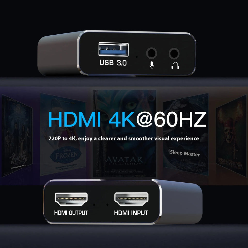 Black 4K HDMI gaming capture box with MS2131 chipset for audio recording