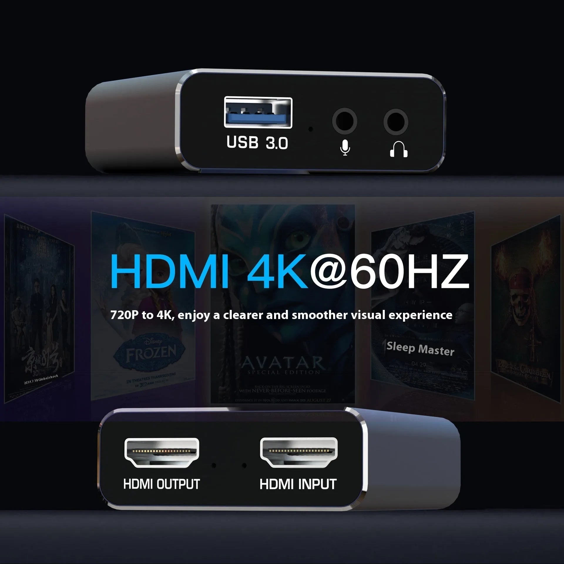 Black 4K HDMI gaming capture box with MS2131 chipset for audio recording