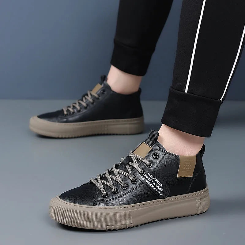 Men's middle top leather lace-up casual shoes with rubber sole, round toe and flat heel, in black or white