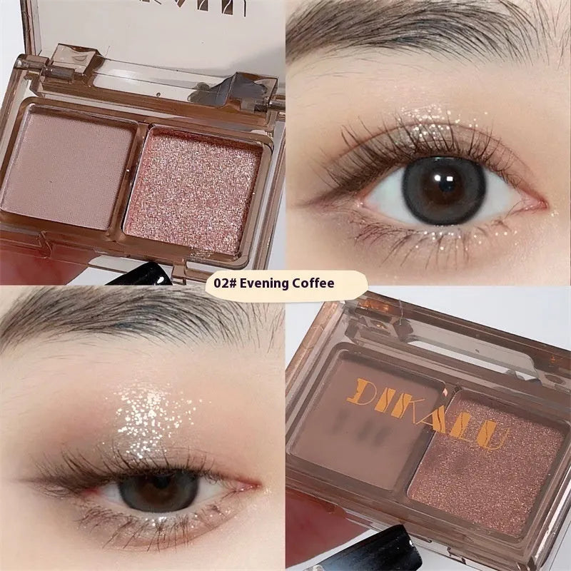Two-tone eye shadow cosmetic plate showing matte and shimmer sections in pink and black colour combination