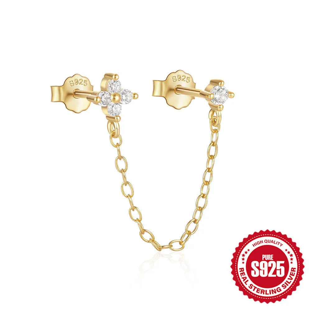 S925 sterling silver stud earrings with a diamond flower and tassel chain design in an electroplated gold finish.