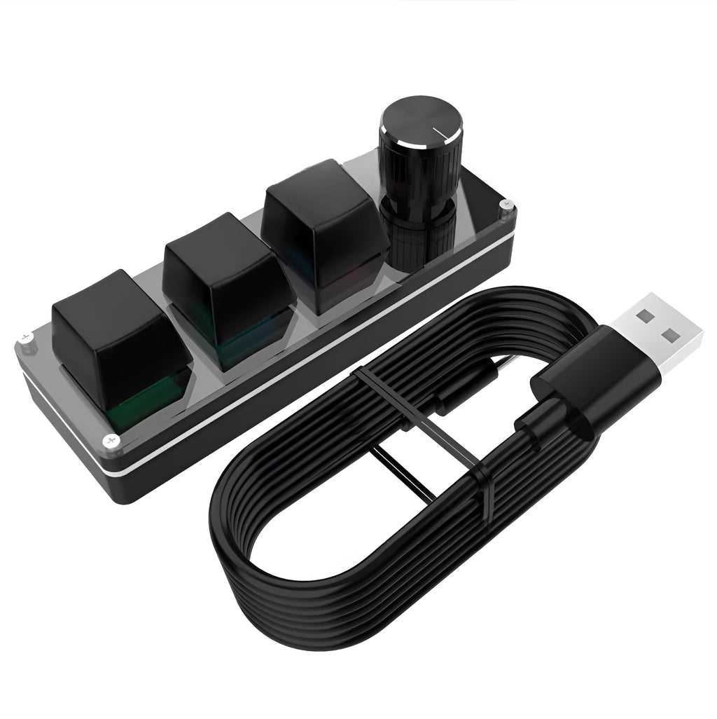 Three-key USB Photoshop shortcut keypad in black or white with 1.5 m cable and plastic body