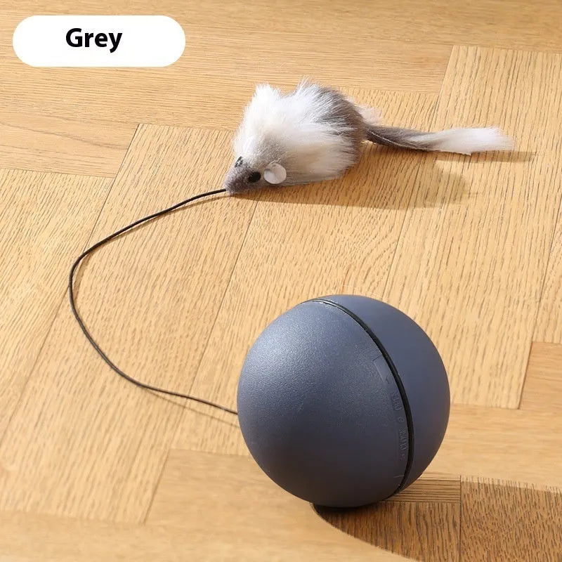 Automatic cat teasing ball toy with plush mouse in blue orange and dark grey colours