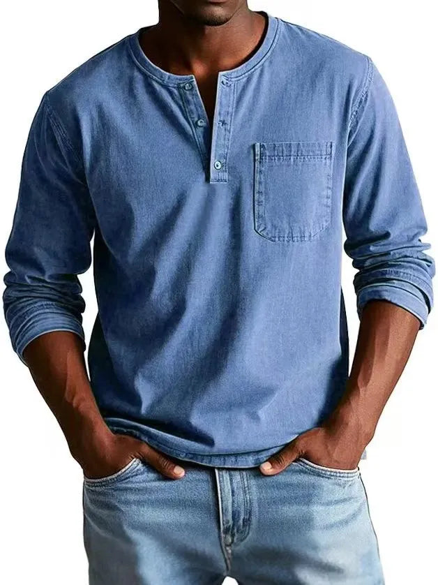 Men's V-neck long-sleeved t-shirt with button design in solid colour, front view showing polyester fibre fabric