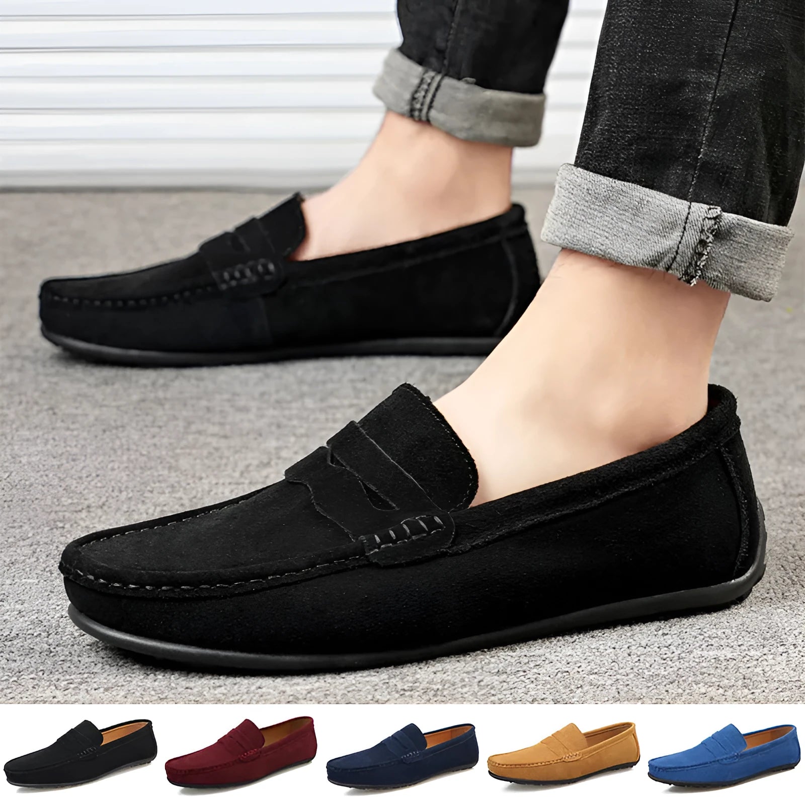 Men's solid colour suede loafers with round toe and flat rubber sole