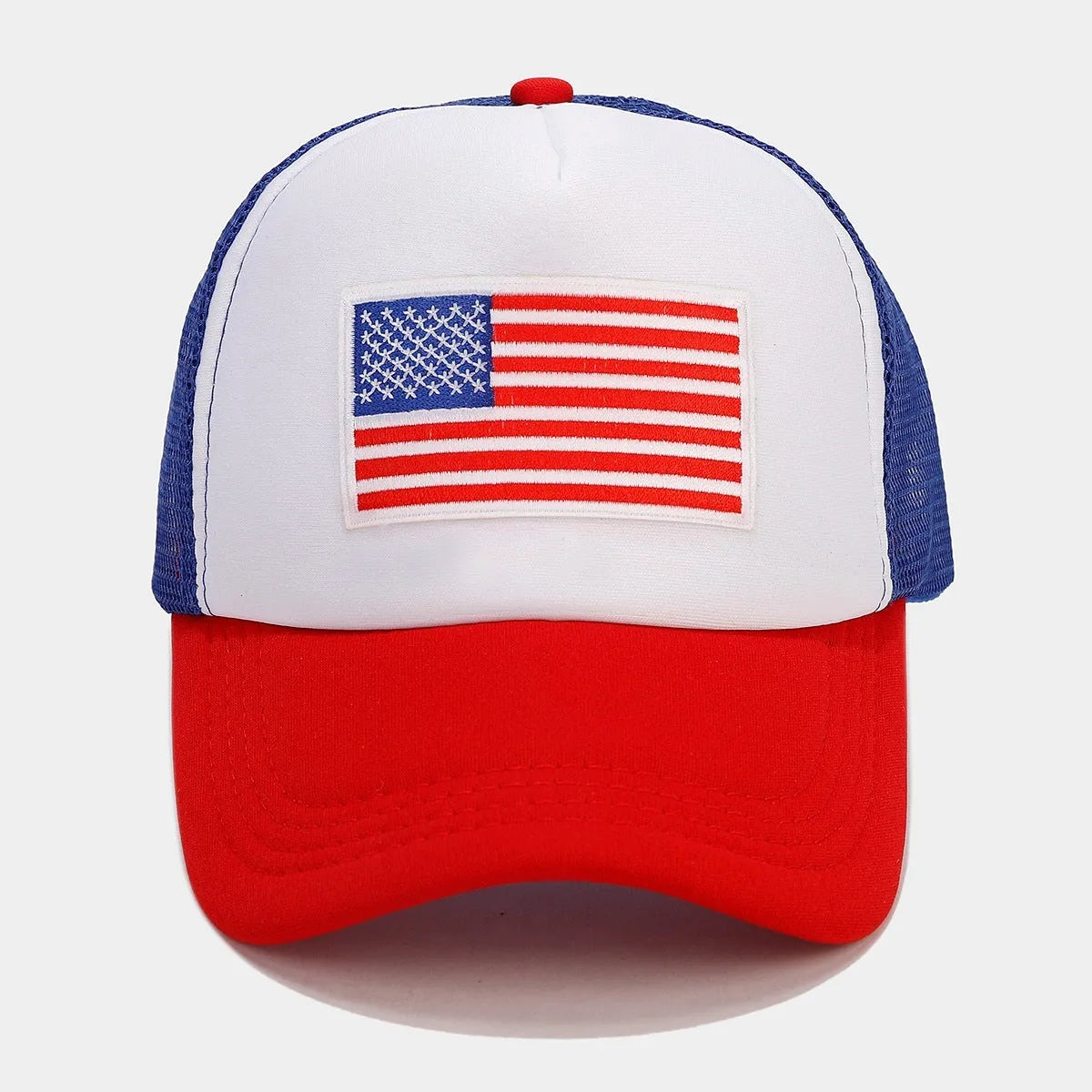 Red and blue contrasting mesh baseball cap with adjustable strap and dome crown