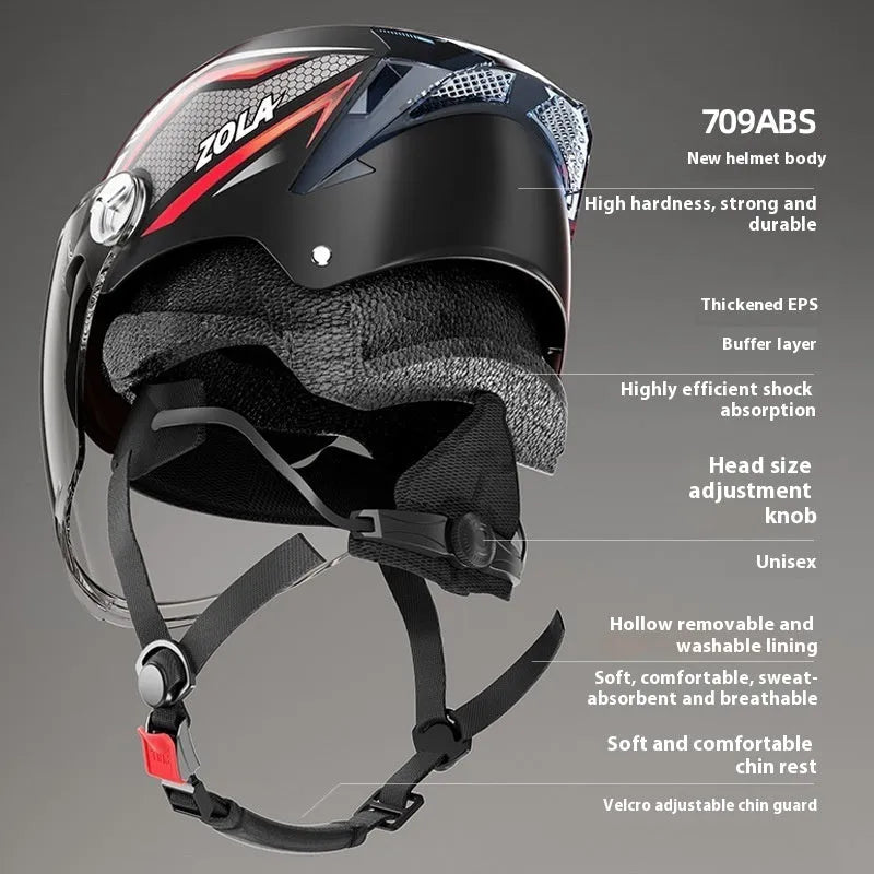 Light brown universal motorcycle half helmet with double mirror sun visor on handlebars.