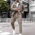 Men's cotton blend fashion casual sports suit in army green with long sleeve jacket and matching trousers for autumn wear