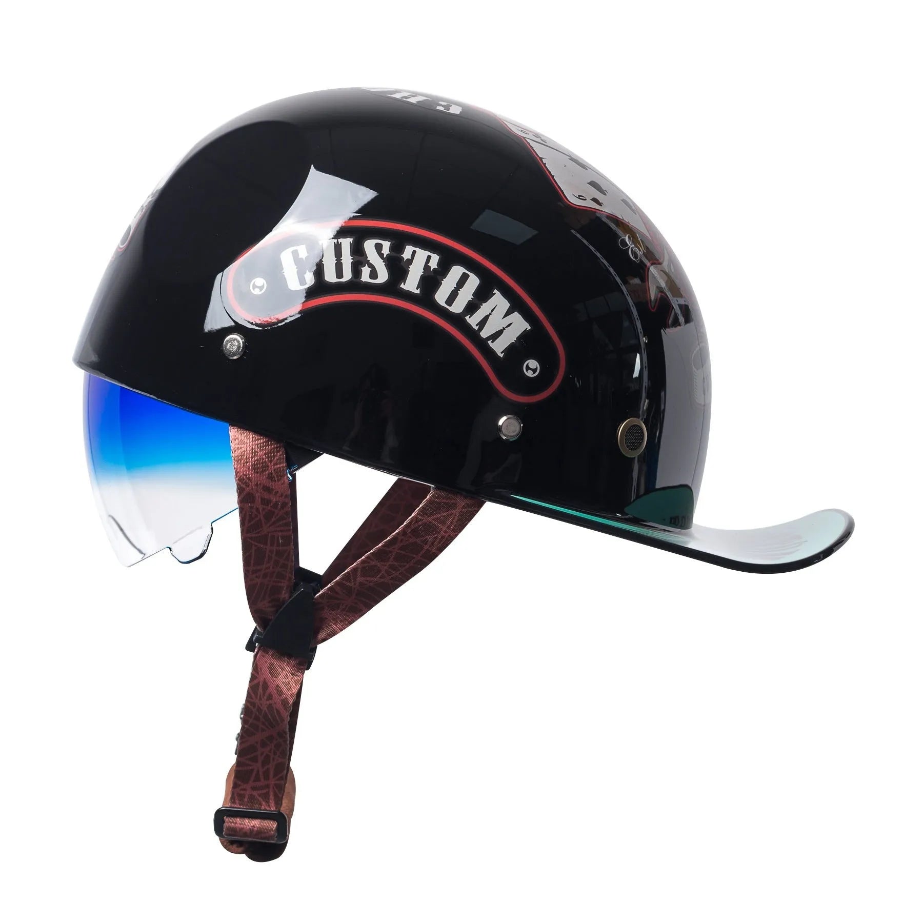 Men's retro half-shell bicycle helmet in bright black gradient blue colour with matching lens.