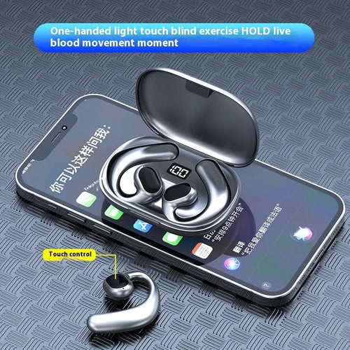 Black and white ear-mounted Bluetooth headset with digital display screen and breathing light indicator