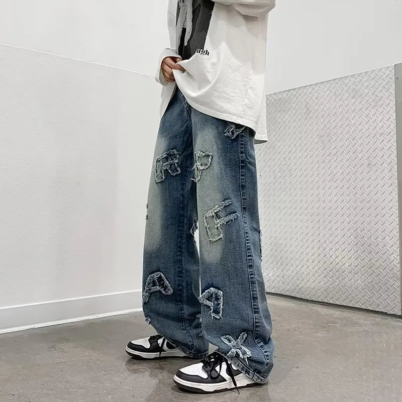 Men's loose retro casual wide-leg straight pants in blue cotton fabric with mid-rise waist