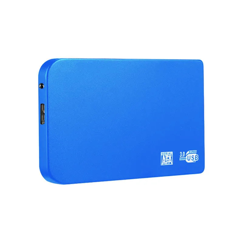 Metal-cased portable solid state hard drive with USB 3.0 cable in black, blue, red, or silver.