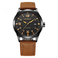 Men's automatic mechanical watch with leather strap on wrist, showing classic dial options.