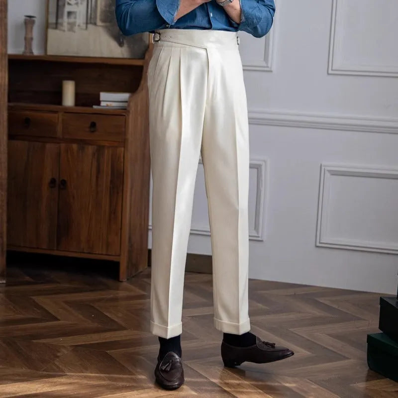 Men's high waist straight leg casual trousers in polyester available in four colours