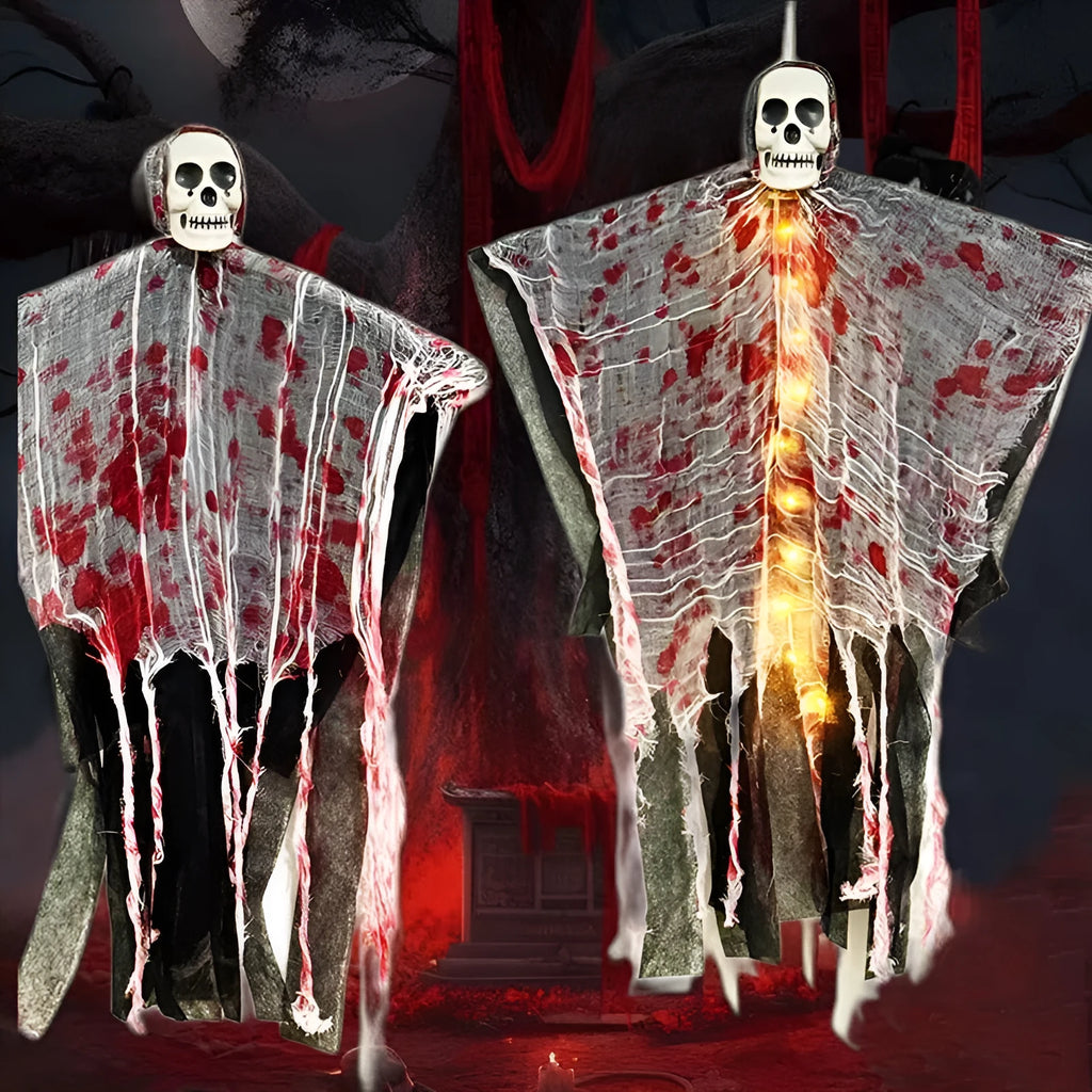 Blood-dyed luminous plastic skull hanging ghost Halloween ornament for outdoor decoration.