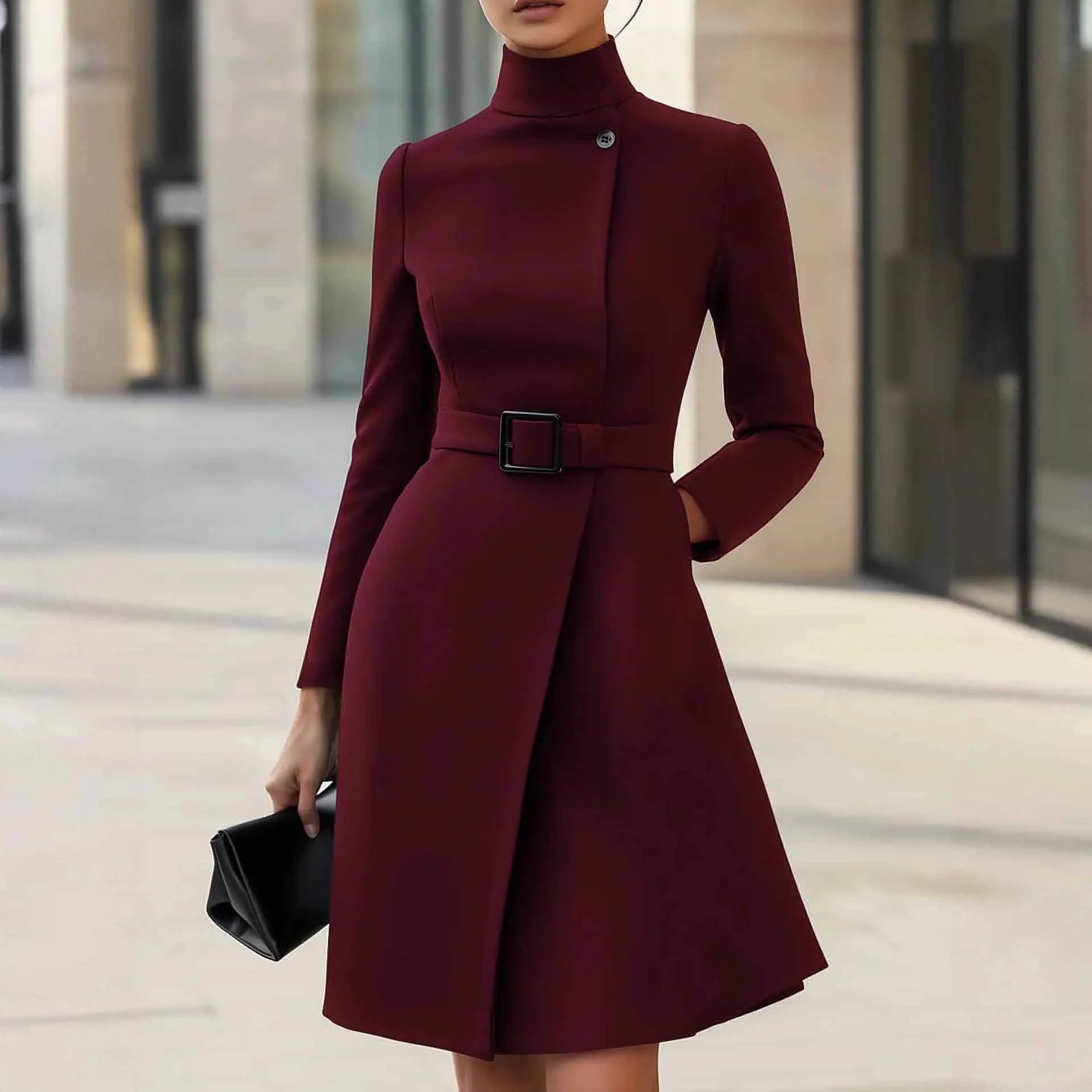 Women's long sleeve Bohemian style casual dress in black with high waist and zip.