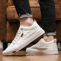 White men's lace-up casual sneakers with a round toe and flat rubber sole