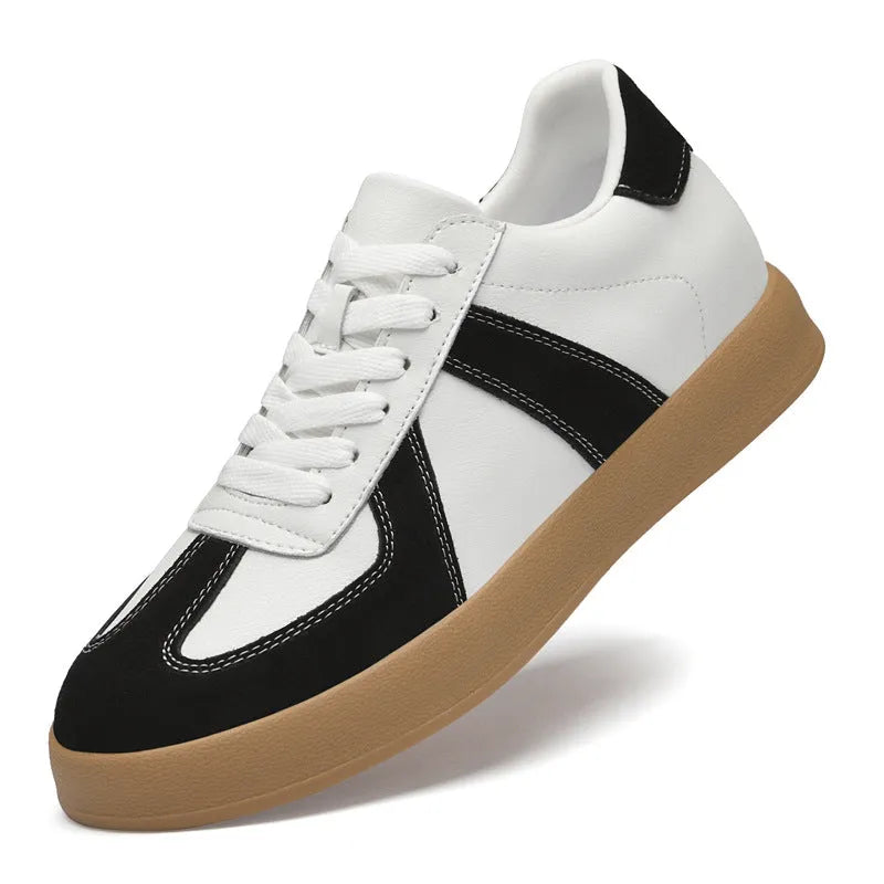 Men's retro colour-matching casual sneakers, two-layer cowhide leather upper, black colourway