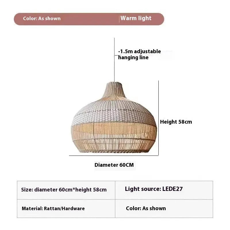 Natural woven rattan pendant chandelier with 60cm diameter in Silent Wind style