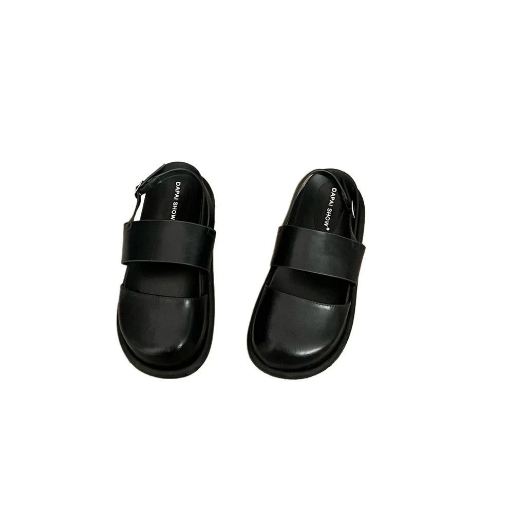 Women's retro Korean style sandals with an adjustable ankle buckle strap in black, brown, or apricot.