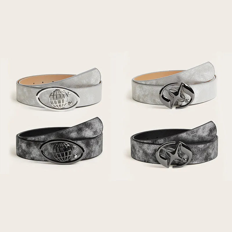 Women's vintage oval buckle belt in thick 4cm width with antique grey white colour