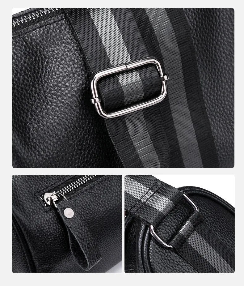 Black genuine leather one-shoulder crossbody bag showing its large capacity and strap.