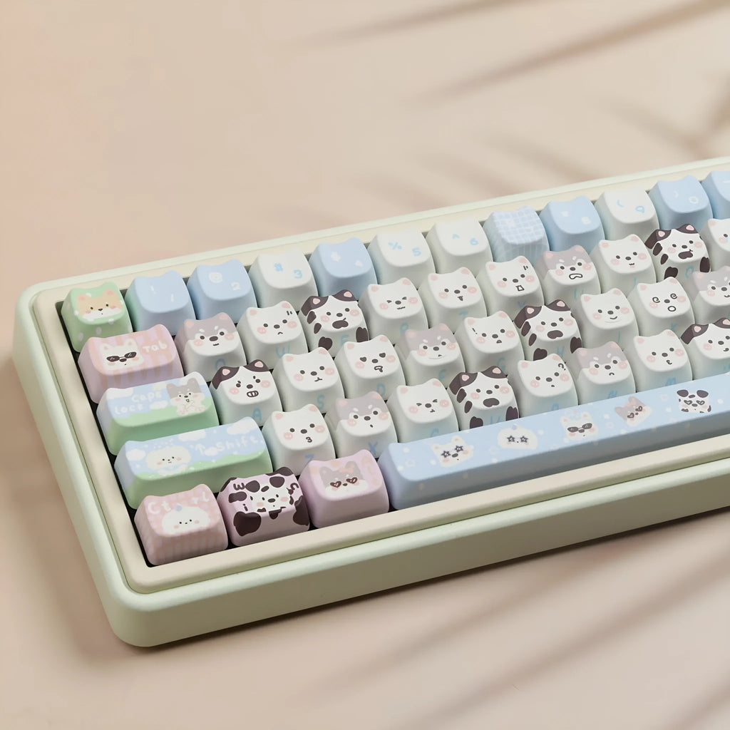 PBT sublimation keycap set with colourful puppy cat design for mechanical keyboard replacement