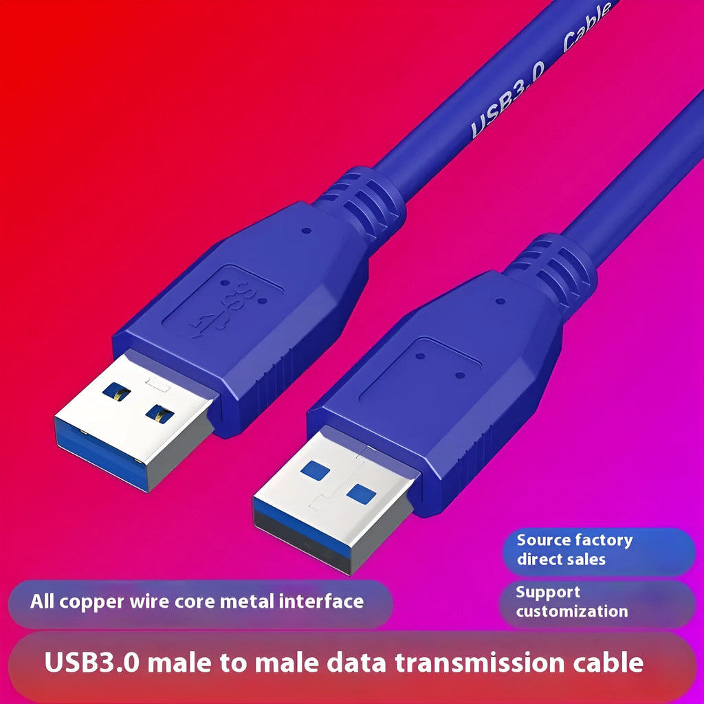 USB 3.0 male-to-male data cable for external hard drives, showing nickel-plated connectors.