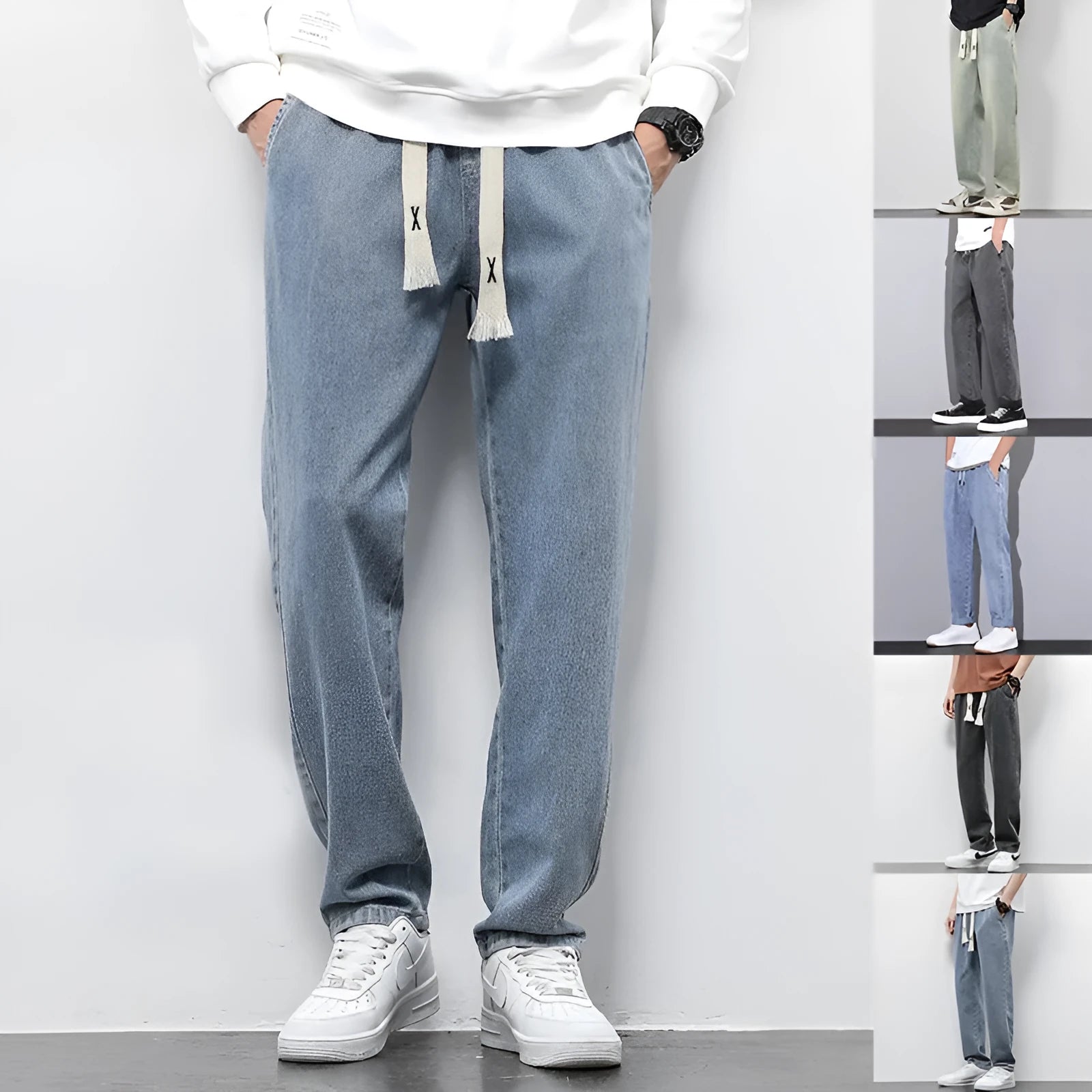 Men's loose wide leg denim trousers with elasticated drawstring waist in multiple colours, straight-leg fit