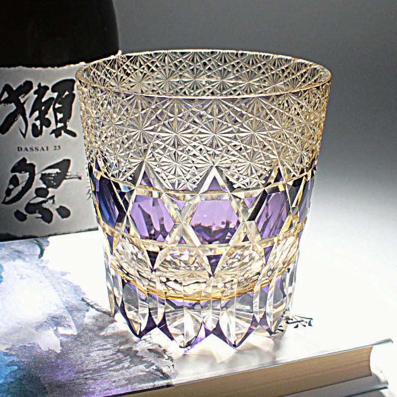 Handblown crystal whisky wine glass in Violet Peacock colour showcasing clear crystal body and coloured finish