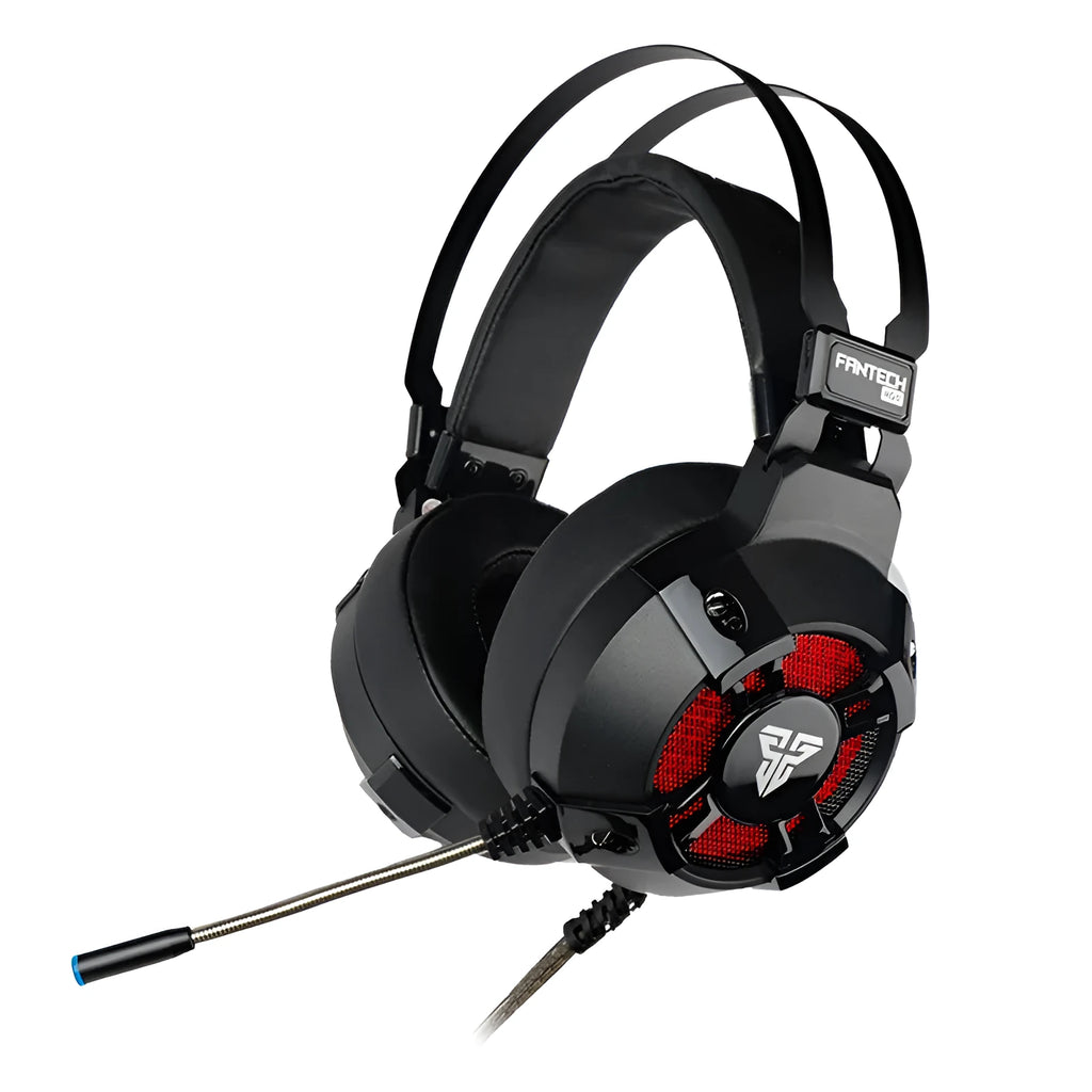 Black FANTECH HG11 USB gaming headset with large ear cups, RGB lighting, and an inline remote control on the cable.