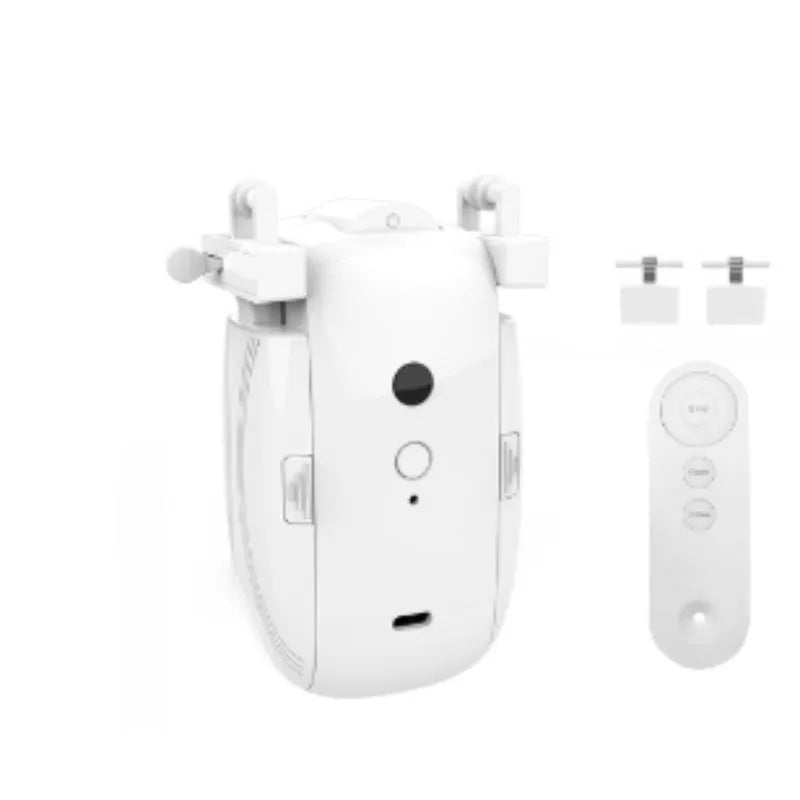 White WiFi smart curtain robot for Roman rod rails with 4000mAh battery and USB charging