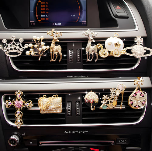 Alloy car fragrance clip with liquid perfume for air vent attachment in decorative designs