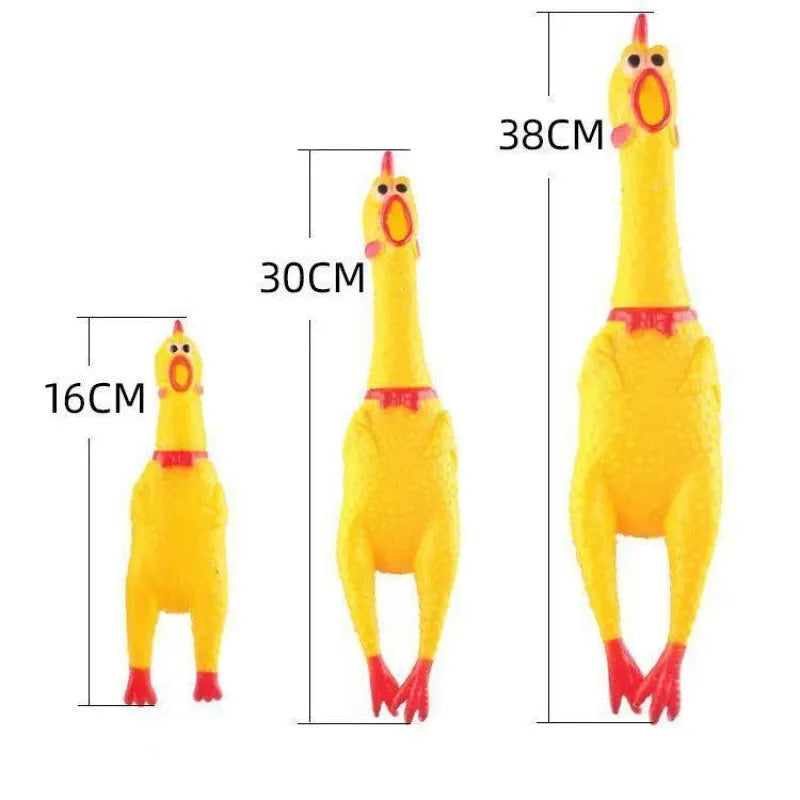 Yellow rubber screaming chicken dog squeak toy with three size options