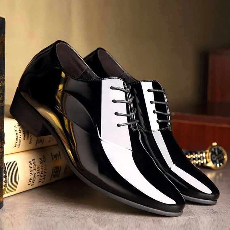 Men's black and brown business formal shoes with pointed toe made from artificial PU material