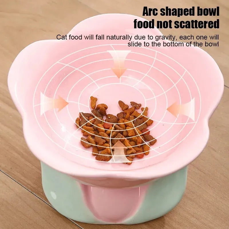 Blue ceramic pet bowl with floral pattern and elevated design for cats and small dogs
