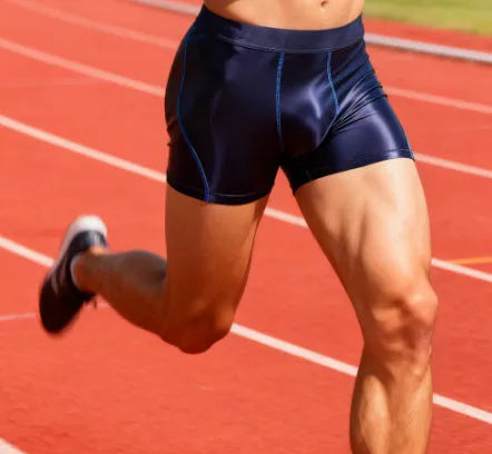Men's double-layer sports boxers in black, breathable nylon fabric, mid-waist design