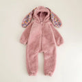 Baby girl bunny jumpsuit with zipper and hood, khaki colour, long sleeves